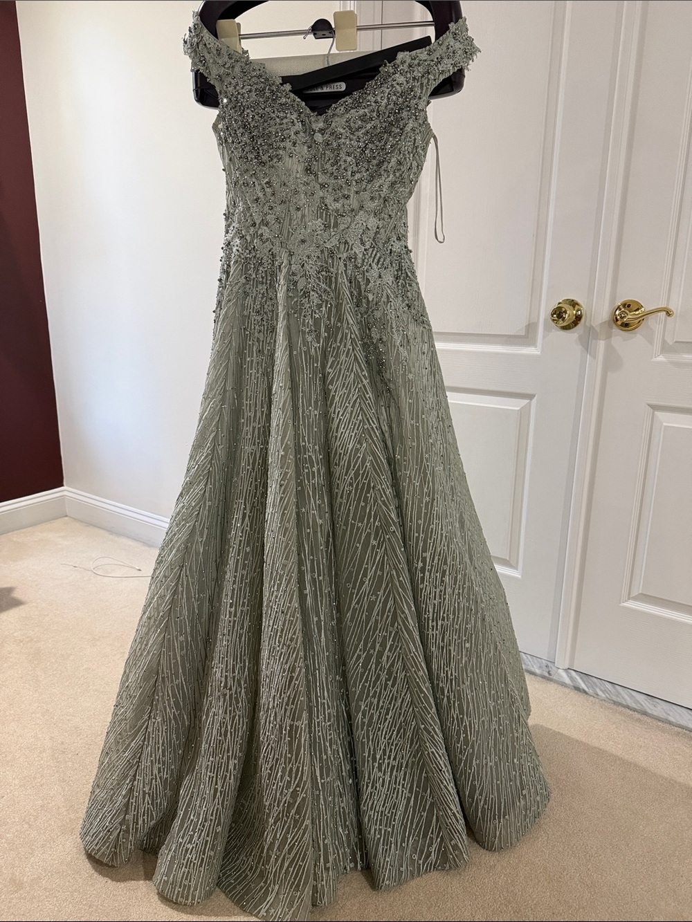 Off-Shoulder Sage Beaded Prom Gown